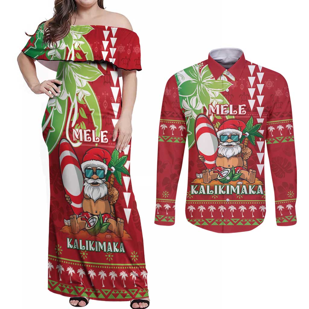Personalised Hawaii Christmas Couples Matching Off Shoulder Maxi Dress and Long Sleeve Button Shirt Funny Santa Claus Surf Mele Kalikimaka LT05 Red - Polynesian Pride