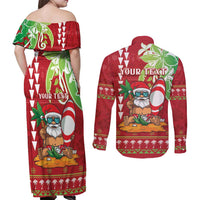 Personalised Hawaii Christmas Couples Matching Off Shoulder Maxi Dress and Long Sleeve Button Shirt Funny Santa Claus Surf Mele Kalikimaka LT05 - Polynesian Pride