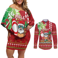 Personalised Hawaii Christmas Couples Matching Off Shoulder Short Dress and Long Sleeve Button Shirt Funny Santa Claus Surf Mele Kalikimaka LT05 Red - Polynesian Pride