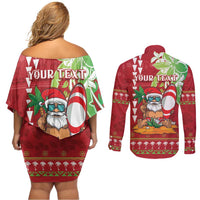 Personalised Hawaii Christmas Couples Matching Off Shoulder Short Dress and Long Sleeve Button Shirt Funny Santa Claus Surf Mele Kalikimaka LT05 - Polynesian Pride