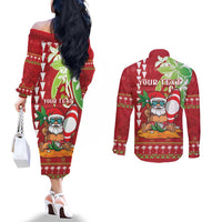 Personalised Hawaii Christmas Couples Matching Off The Shoulder Long Sleeve Dress and Long Sleeve Button Shirt Funny Santa Claus Surf Mele Kalikimaka