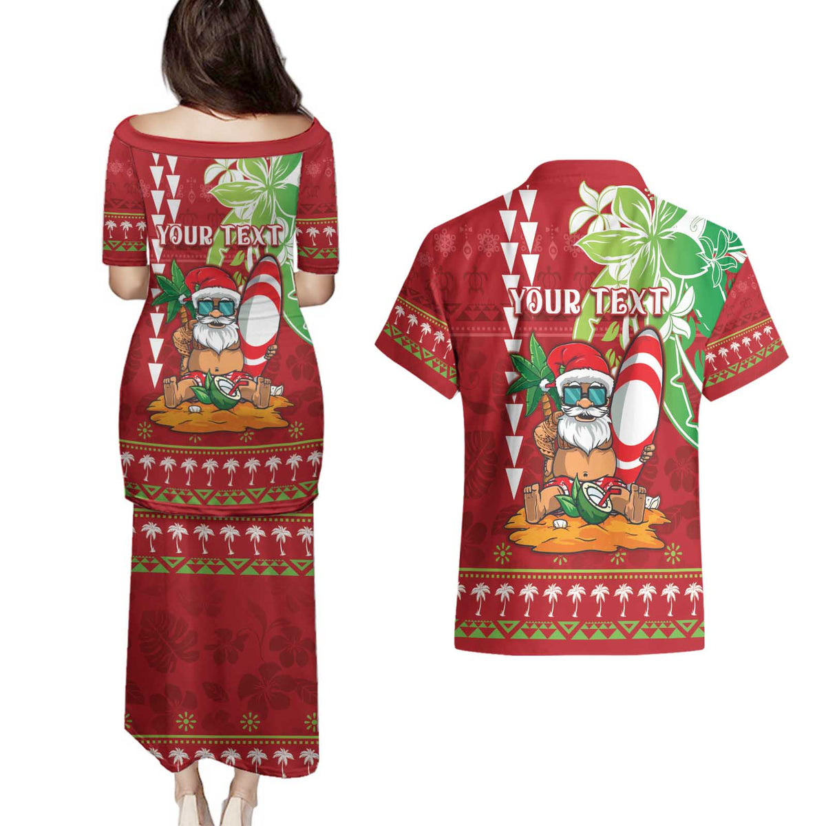 Personalised Hawaii Christmas Couples Matching Puletasi and Hawaiian Shirt Funny Santa Claus Surf Mele Kalikimaka