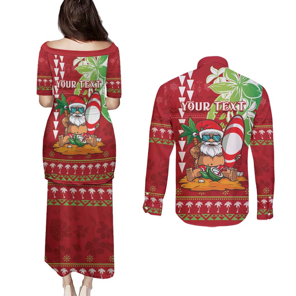 Personalised Hawaii Christmas Couples Matching Puletasi and Long Sleeve Button Shirt Funny Santa Claus Surf Mele Kalikimaka