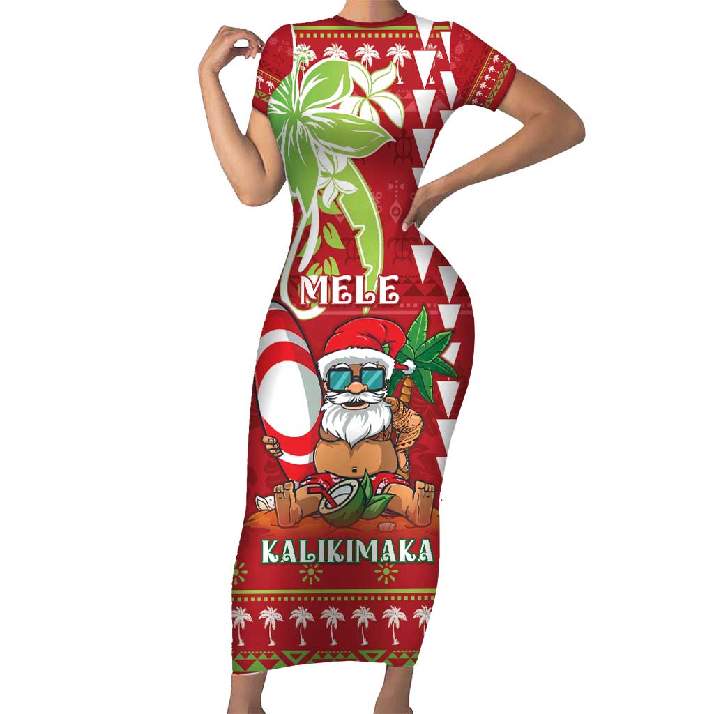 Personalised Hawaii Christmas Short Sleeve Bodycon Dress Funny Santa Claus Surf Mele Kalikimaka