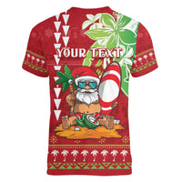 Personalised Hawaii Christmas Women V-Neck T-Shirt Funny Santa Claus Surf Mele Kalikimaka