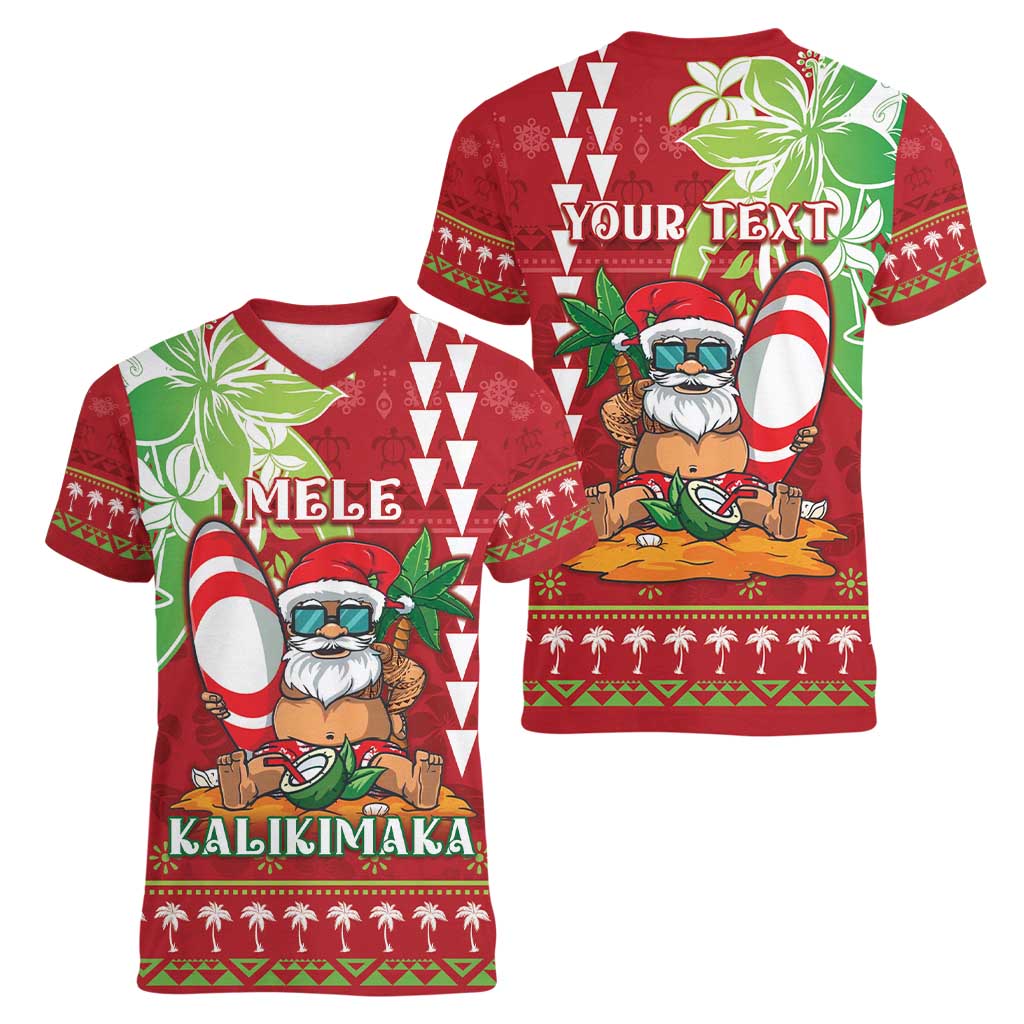 Personalised Hawaii Christmas Women V-Neck T-Shirt Funny Santa Claus Surf Mele Kalikimaka