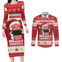 Hawaii Funny Christmas Couples Matching Long Sleeve Bodycon Dress and Long Sleeve Button Shirt Spam Musubi Santa