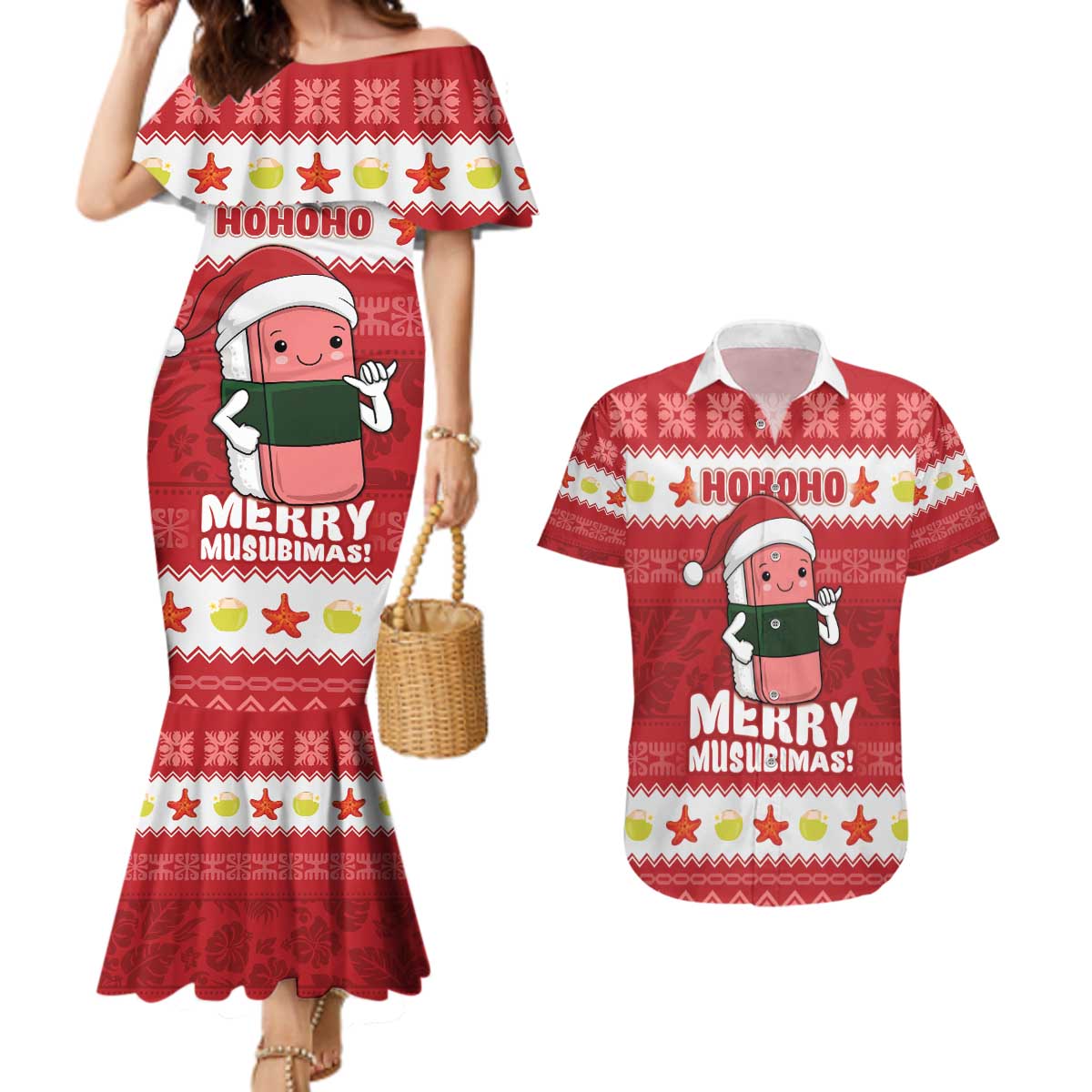 Hawaii Funny Christmas Couples Matching Mermaid Dress and Hawaiian Shirt Spam Musubi Santa