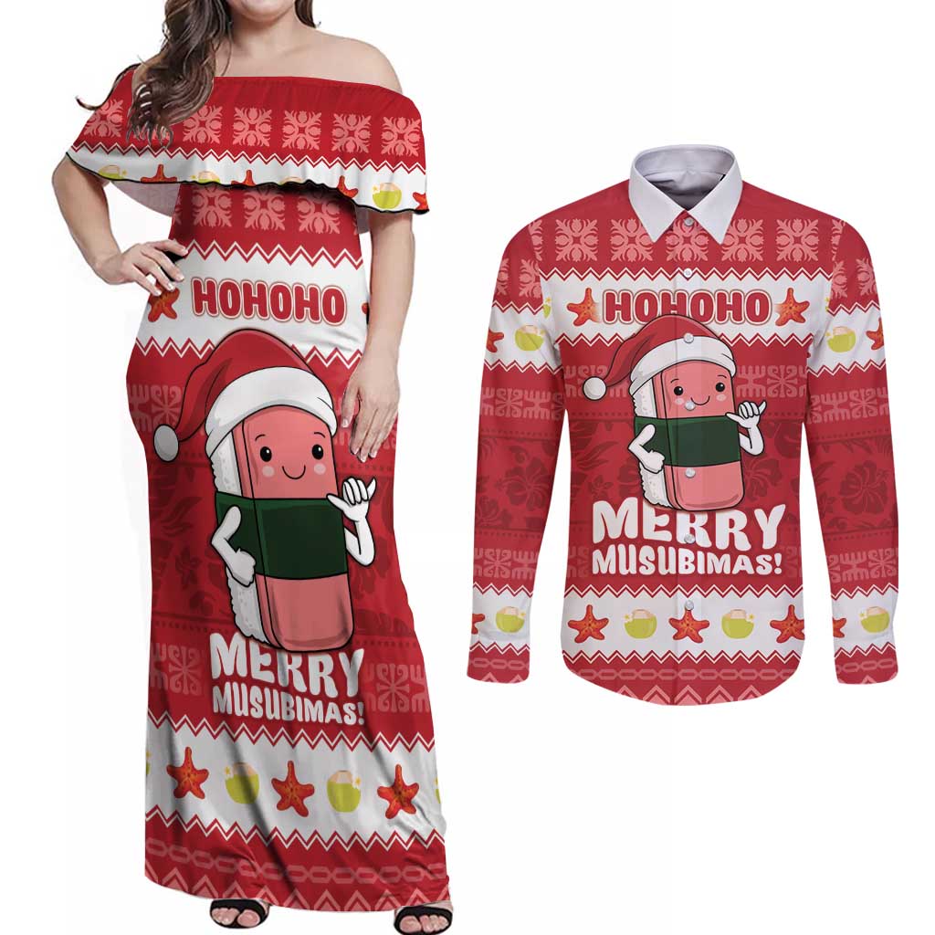Hawaii Funny Christmas Couples Matching Off Shoulder Maxi Dress and Long Sleeve Button Shirt Spam Musubi Santa LT05 Red - Polynesian Pride