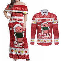 Hawaii Funny Christmas Couples Matching Off Shoulder Maxi Dress and Long Sleeve Button Shirt Spam Musubi Santa LT05 Red - Polynesian Pride