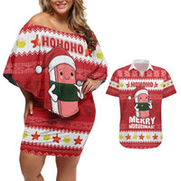 Hawaii Funny Christmas Couples Matching Off Shoulder Short Dress and Hawaiian Shirt Spam Musubi Santa LT05 Red - Polynesian Pride
