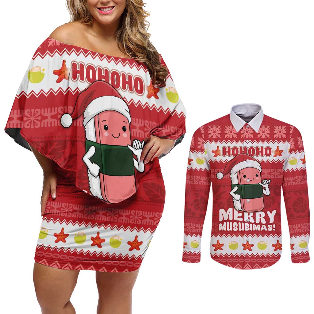 Hawaii Funny Christmas Couples Matching Off Shoulder Short Dress and Long Sleeve Button Shirt Spam Musubi Santa LT05 Red - Polynesian Pride