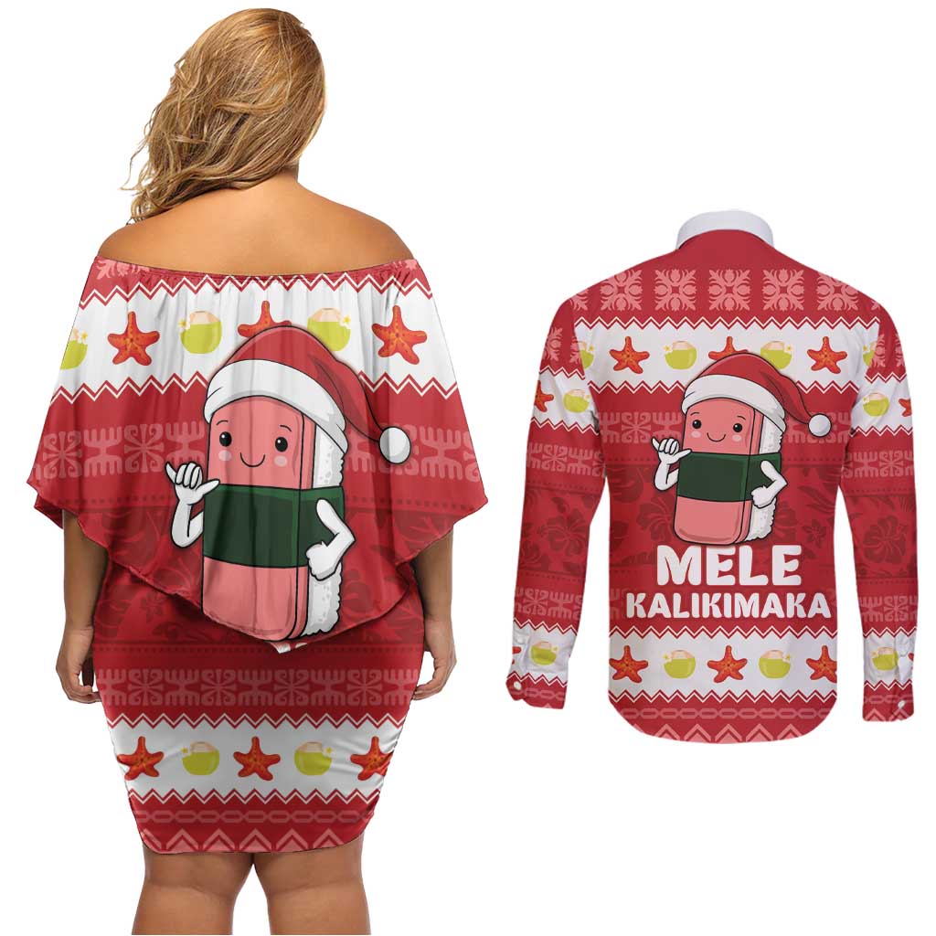 Hawaii Funny Christmas Couples Matching Off Shoulder Short Dress and Long Sleeve Button Shirt Spam Musubi Santa LT05 - Polynesian Pride