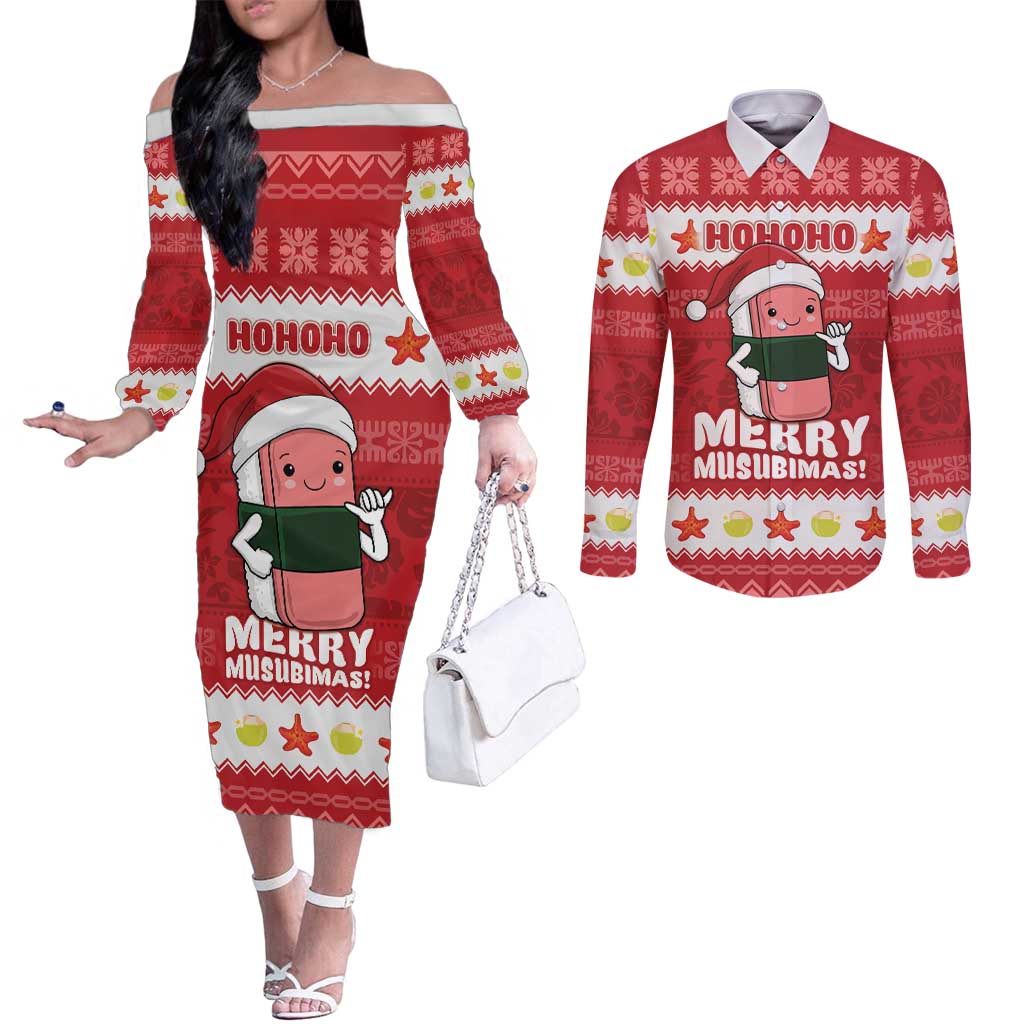 Hawaii Funny Christmas Couples Matching Off The Shoulder Long Sleeve Dress and Long Sleeve Button Shirt Spam Musubi Santa
