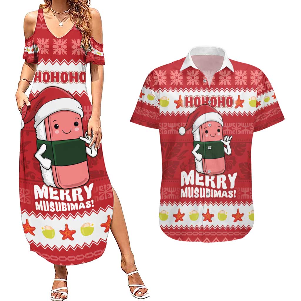 Hawaii Funny Christmas Couples Matching Summer Maxi Dress and Hawaiian Shirt Spam Musubi Santa
