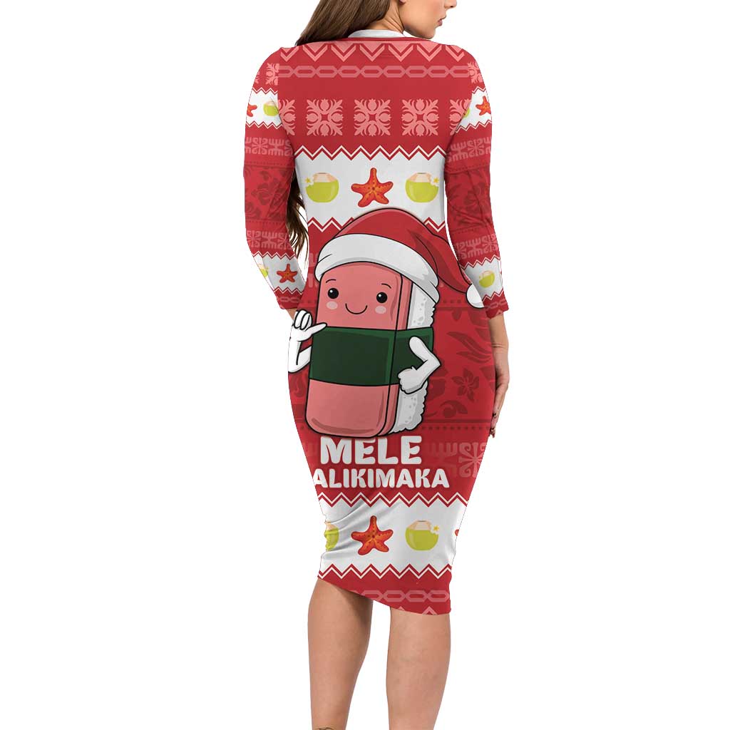 Hawaii Funny Christmas Family Matching Long Sleeve Bodycon Dress and Hawaiian Shirt Spam Musubi Santa