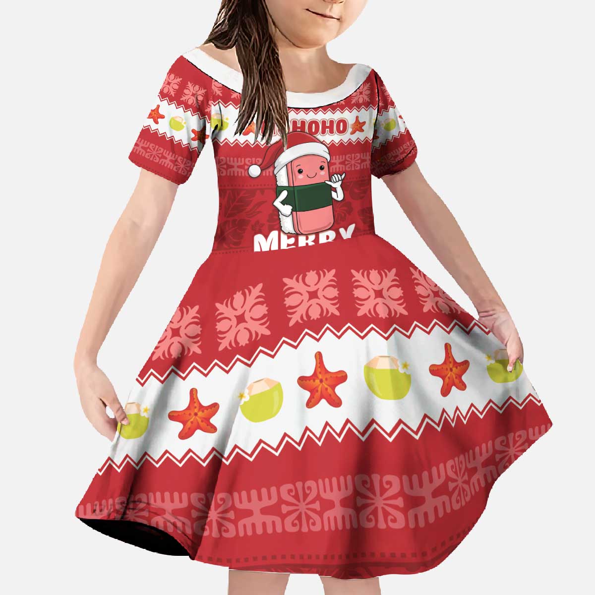 Hawaii Funny Christmas Family Matching Off The Shoulder Long Sleeve Dress and Hawaiian Shirt Spam Musubi Santa