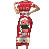 Hawaii Funny Christmas Family Matching Short Sleeve Bodycon Dress and Hawaiian Shirt Spam Musubi Santa