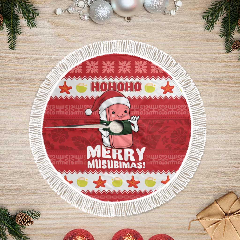 Hawaii Funny Christmas Tree Skirt Spam Musubi Santa LT05 Fringed Red - Polynesian Pride