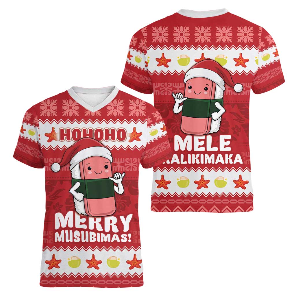 Hawaii Funny Christmas Women V-Neck T-Shirt Spam Musubi Santa