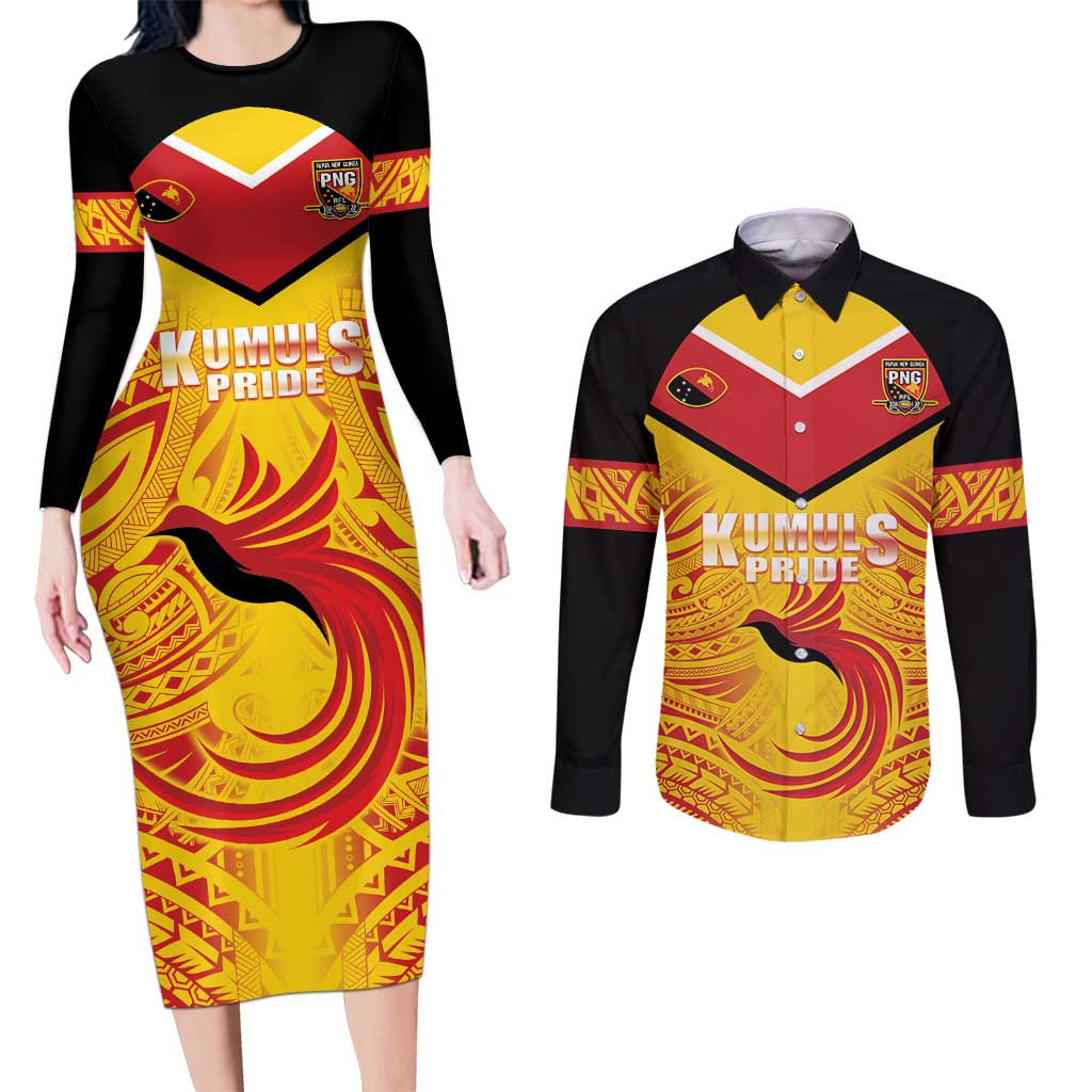 Papua New Guinea Rugby Custom Couples Matching Long Sleeve Bodycon Dress and Long Sleeve Button Shirt Kumul Pride Go Champions