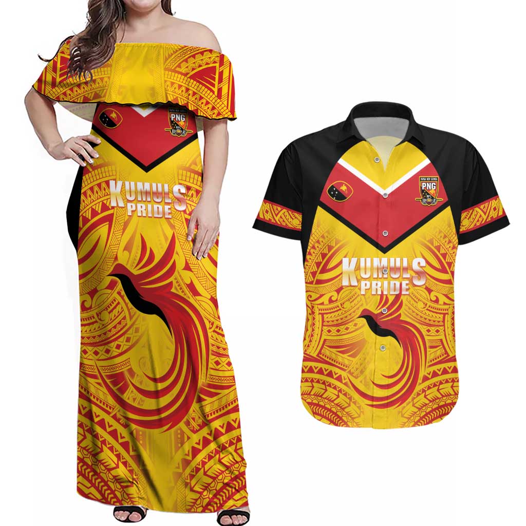 Papua New Guinea Rugby Custom Couples Matching Off Shoulder Maxi Dress and Hawaiian Shirt Kumul Pride Go Champions