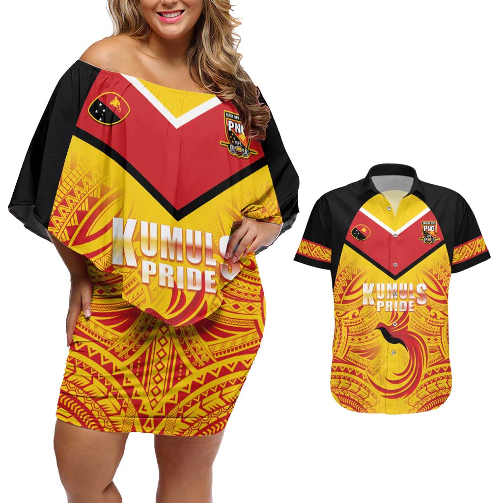 Papua New Guinea Rugby Custom Couples Matching Off Shoulder Short Dress and Hawaiian Shirt Kumul Pride Go Champions