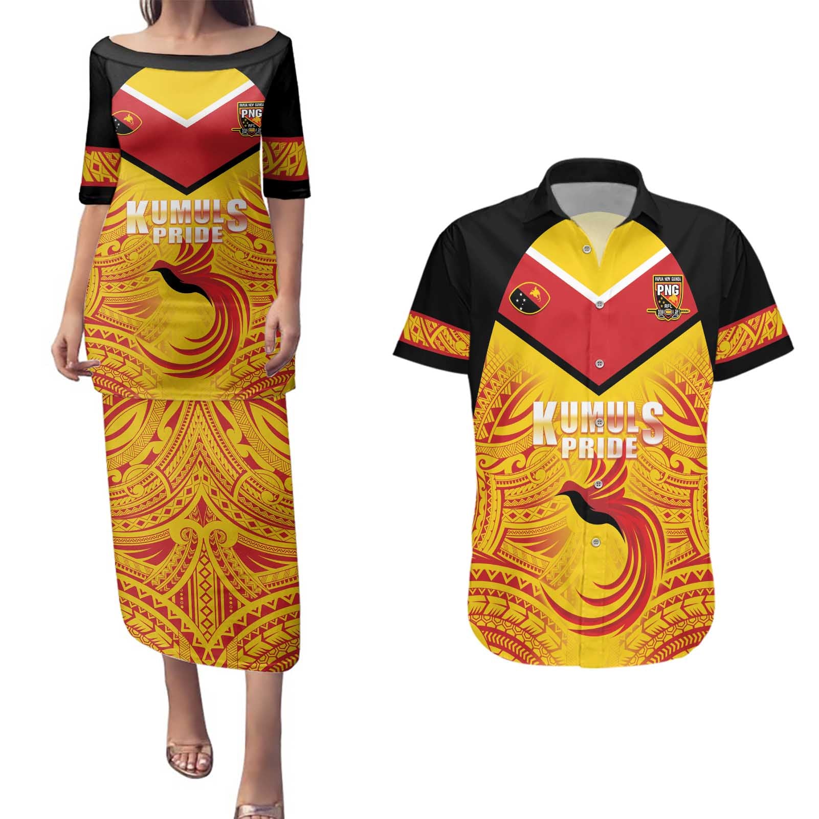 Papua New Guinea Rugby Custom Couples Matching Puletasi and Hawaiian Shirt Kumul Pride Go Champions