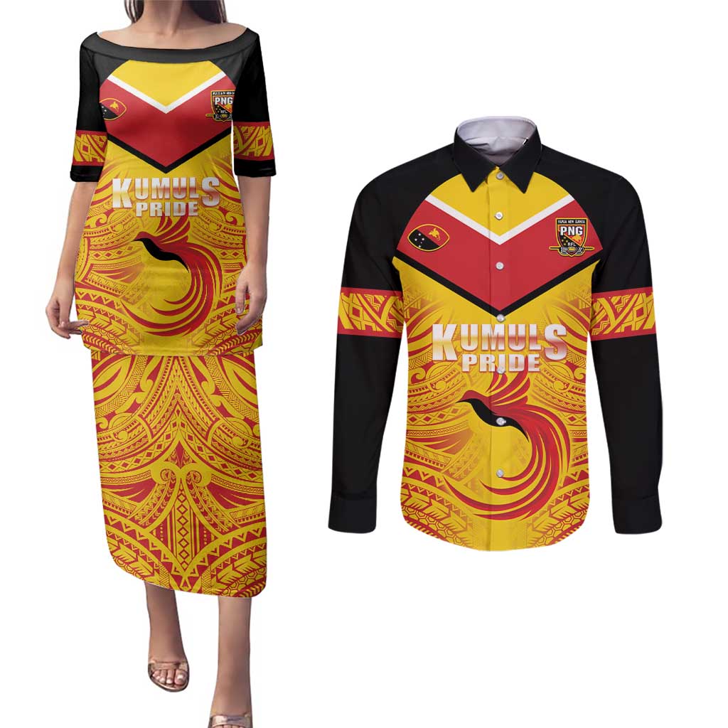 Papua New Guinea Rugby Custom Couples Matching Puletasi and Long Sleeve Button Shirt Kumul Pride Go Champions