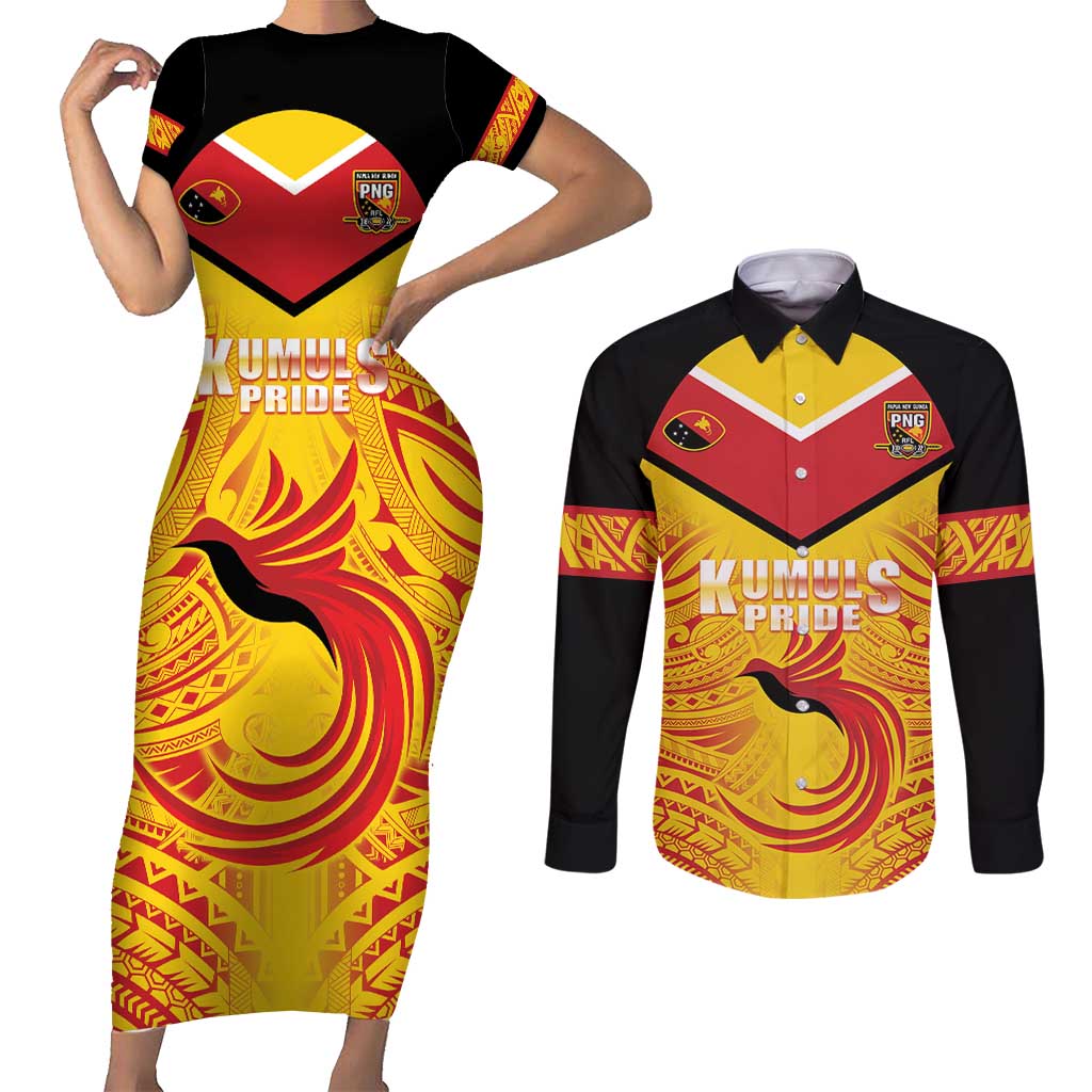 Papua New Guinea Rugby Custom Couples Matching Short Sleeve Bodycon Dress and Long Sleeve Button Shirt Kumul Pride Go Champions