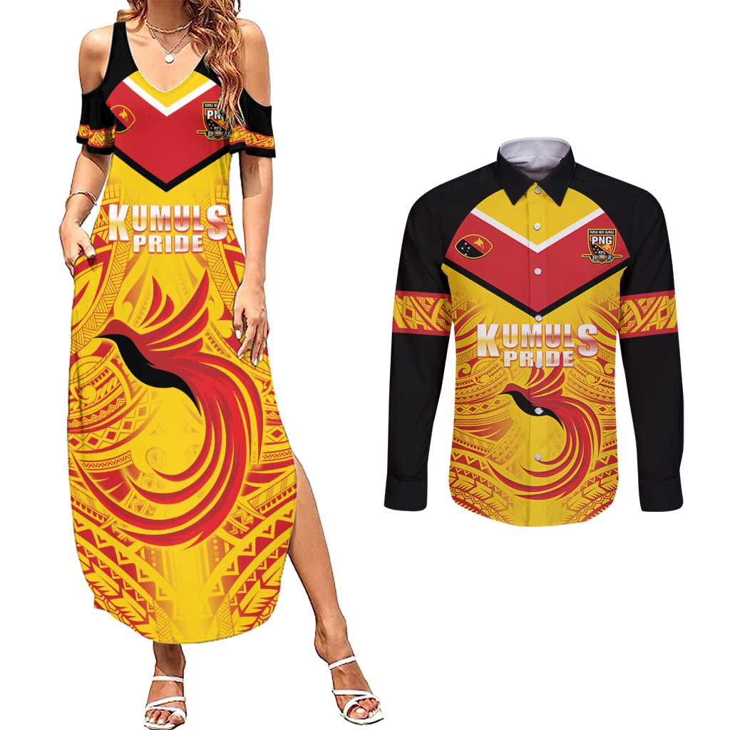 Papua New Guinea Rugby Custom Couples Matching Summer Maxi Dress and Long Sleeve Button Shirt Kumul Pride Go Champions