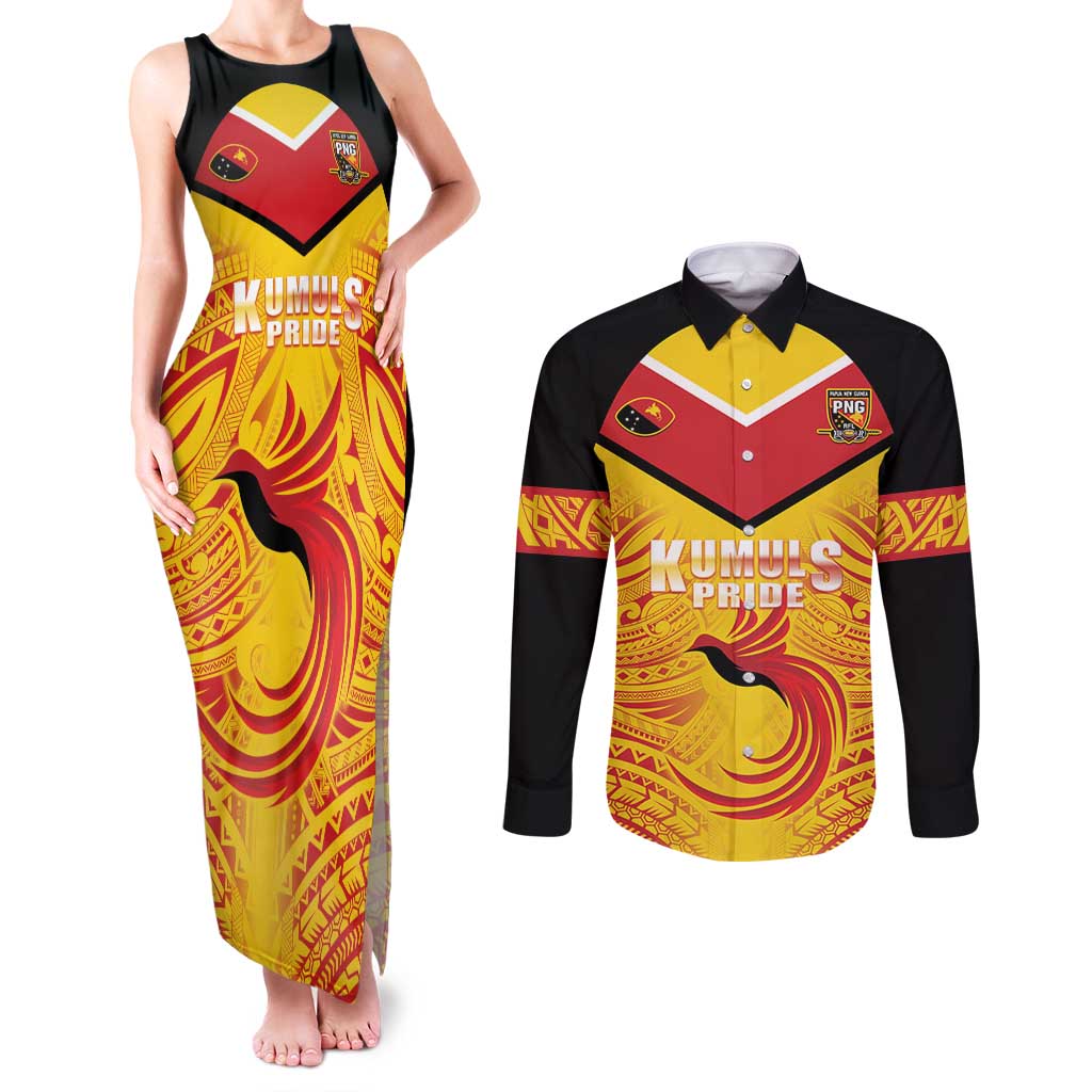 Papua New Guinea Rugby Custom Couples Matching Tank Maxi Dress and Long Sleeve Button Shirt Kumul Pride Go Champions