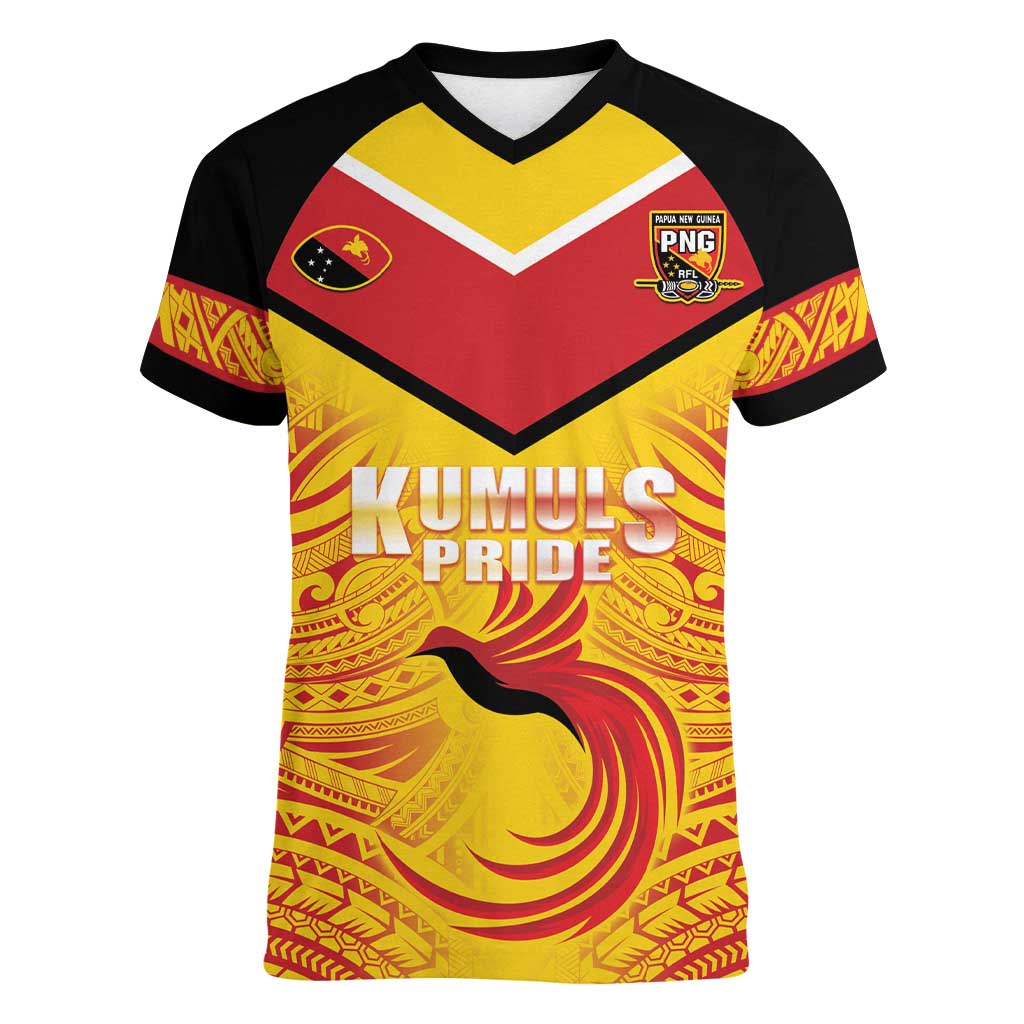 Papua New Guinea Rugby Custom Women V-Neck T-Shirt Kumul Pride Go Champions