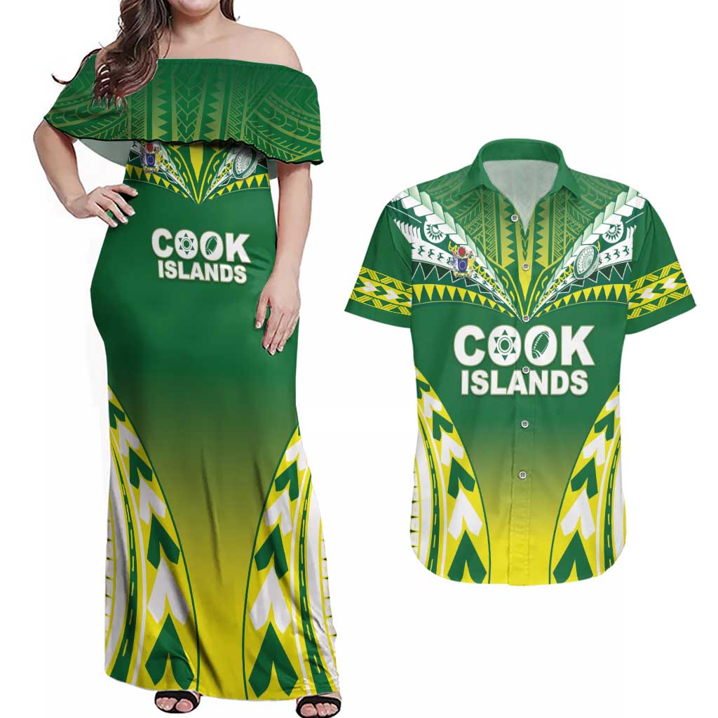 Cook Islands Rugby Custom Couples Matching Off Shoulder Maxi Dress and Hawaiian Shirt The Kukis Go Champions LT05 Green - Polynesian Pride