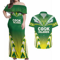 Cook Islands Rugby Custom Couples Matching Off Shoulder Maxi Dress and Hawaiian Shirt The Kukis Go Champions LT05 Green - Polynesian Pride