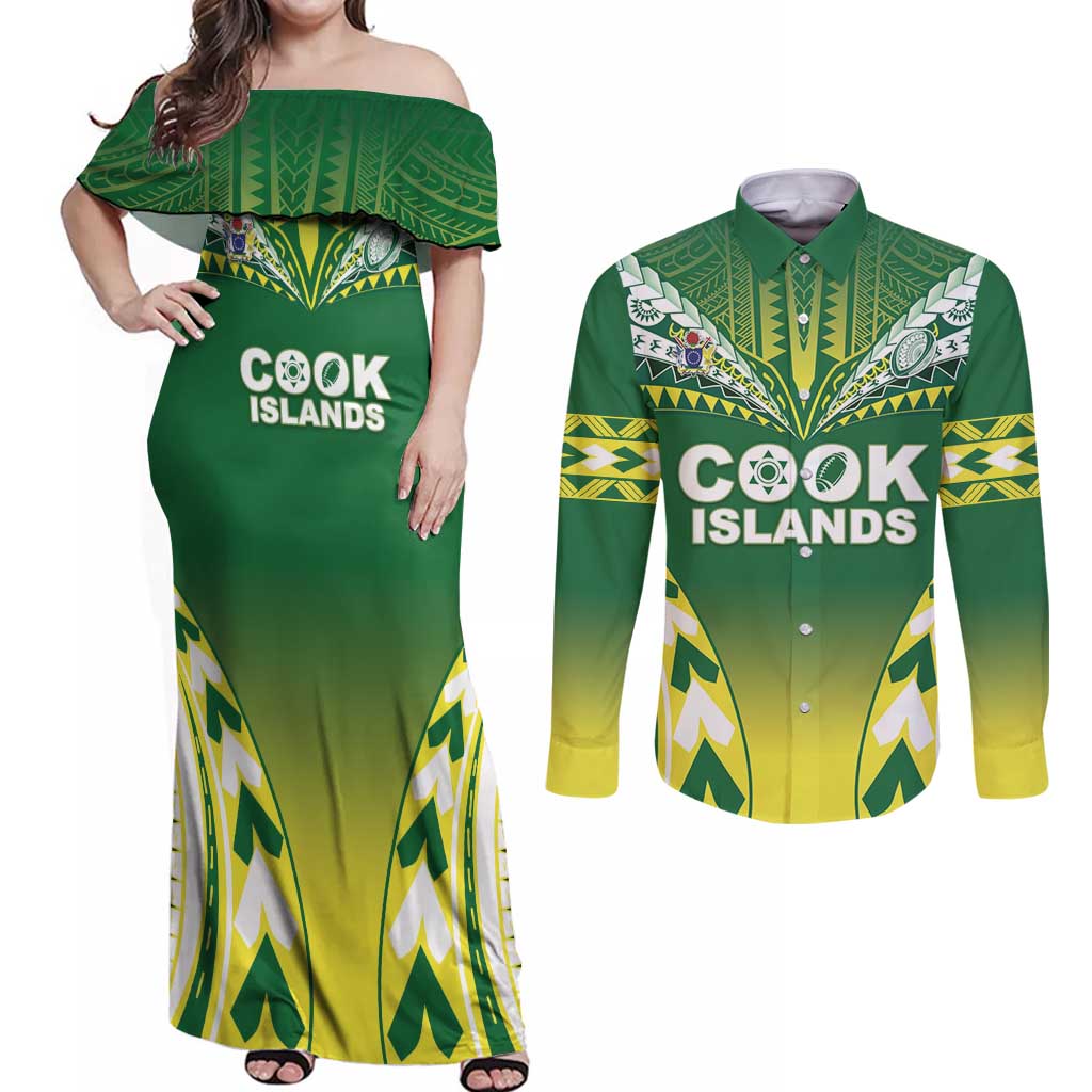 Cook Islands Rugby Custom Couples Matching Off Shoulder Maxi Dress and Long Sleeve Button Shirt The Kukis Go Champions