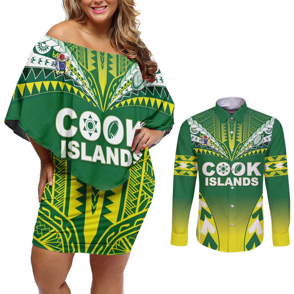 Cook Islands Rugby Custom Couples Matching Off Shoulder Short Dress and Long Sleeve Button Shirt The Kukis Go Champions