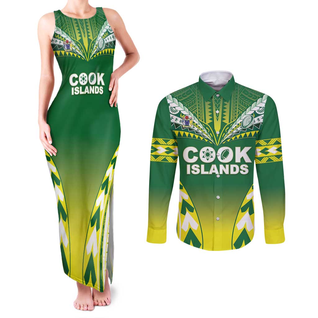 Cook Islands Rugby Custom Couples Matching Tank Maxi Dress and Long Sleeve Button Shirt The Kukis Go Champions