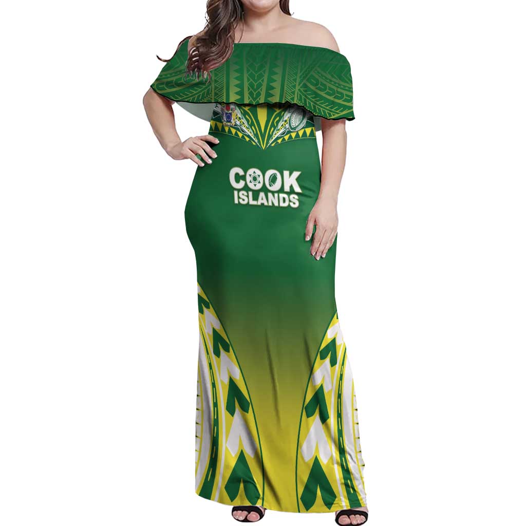 Cook Islands Rugby Custom Off Shoulder Maxi Dress The Kukis Go Champions LT05 Women Green - Polynesian Pride