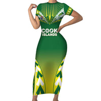 Cook Islands Rugby Custom Short Sleeve Bodycon Dress The Kukis Go Champions LT05 Long Dress Green - Polynesian Pride