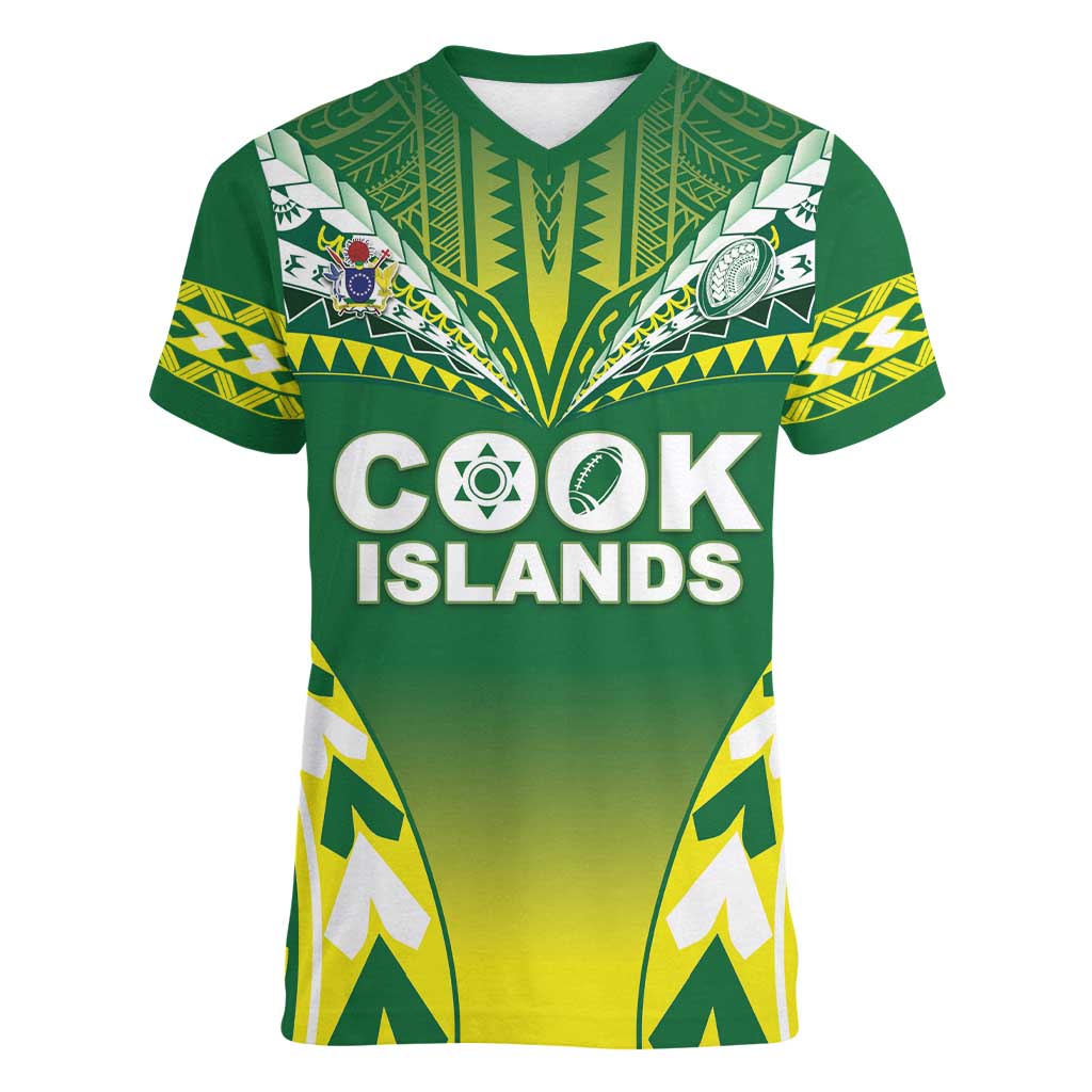 Cook Islands Rugby Custom Women V-Neck T-Shirt The Kukis Go Champions LT05 Female Green - Polynesian Pride