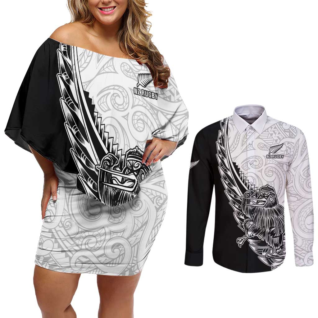 New Zealand Kiwi Rugby Custom Couples Matching Off Shoulder Short Dress and Long Sleeve Button Shirt Go Champions Maori Pattern