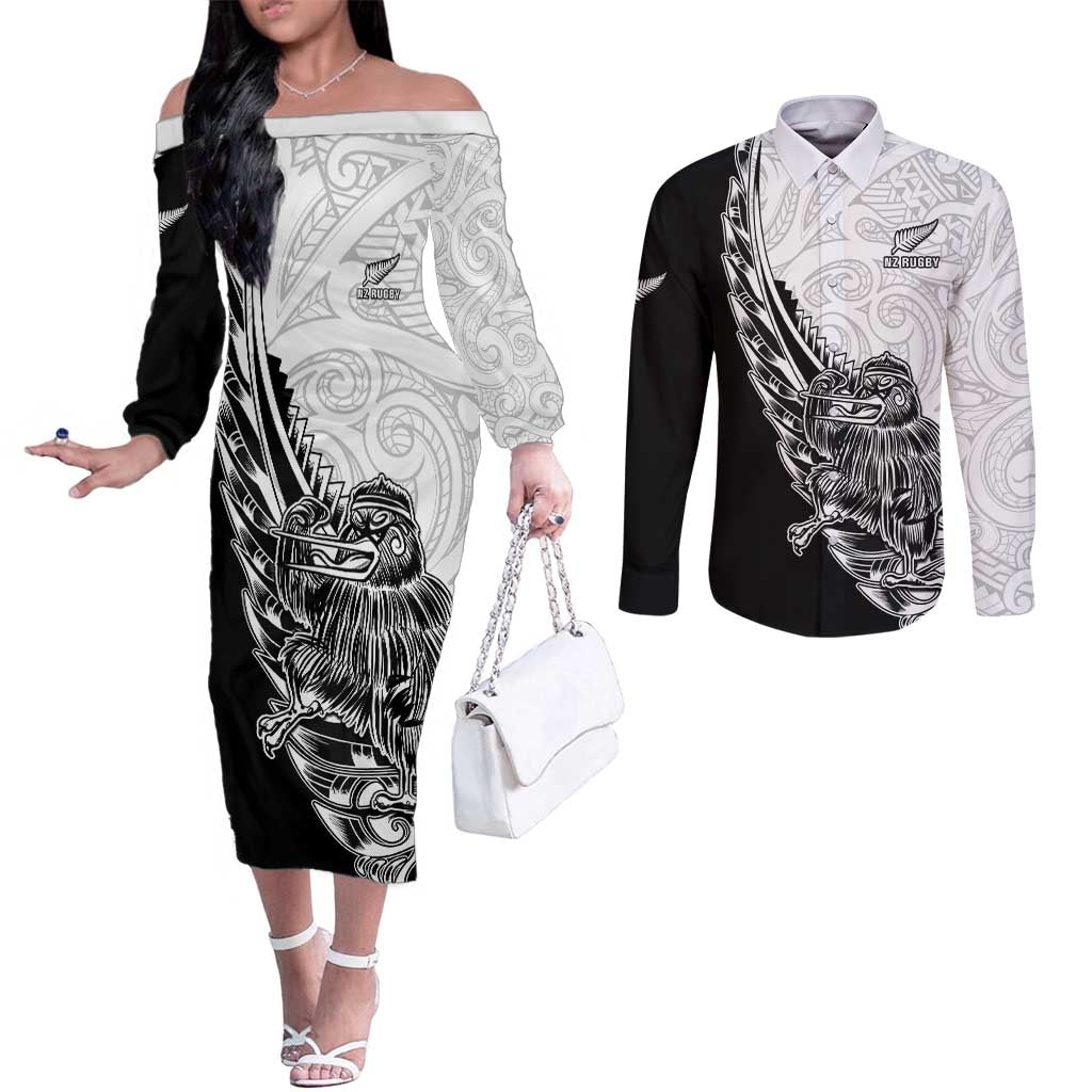 New Zealand Kiwi Rugby Custom Couples Matching Off The Shoulder Long Sleeve Dress and Long Sleeve Button Shirt Go Champions Maori Pattern