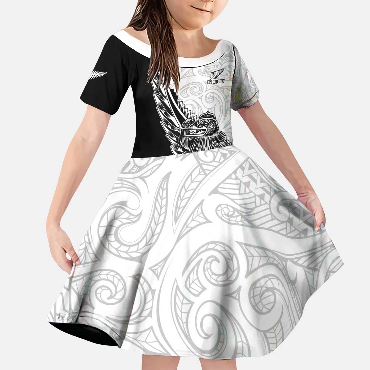 New Zealand Kiwi Rugby Custom Kid Short Sleeve Dress Go Champions Maori Pattern LT05 KID White - Polynesian Pride