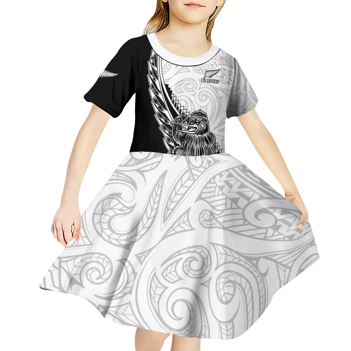 New Zealand Kiwi Rugby Custom Kid Short Sleeve Dress Go Champions Maori Pattern LT05 - Polynesian Pride