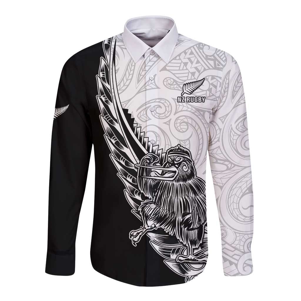 New Zealand Kiwi Rugby Custom Long Sleeve Button Shirt Go Champions Maori Pattern LT05 Unisex White - Polynesian Pride
