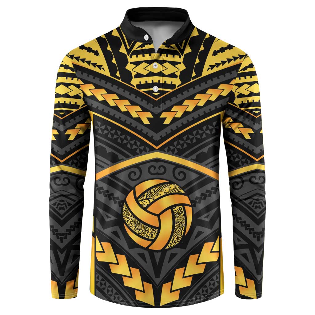 Custom Polynesia Beach Volleyball Button Sweatshirt Gold Polynesian Tribal Pattern - Polynesian Pride