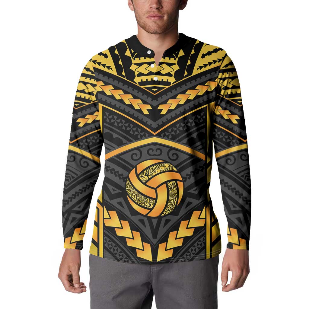Custom Polynesia Beach Volleyball Button Sweatshirt Gold Polynesian Tribal Pattern - Polynesian Pride