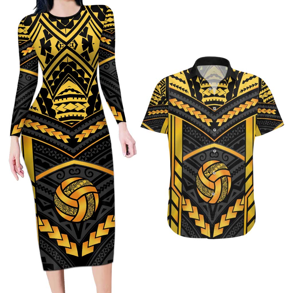 Custom Polynesia Beach Volleyball Couples Matching Long Sleeve Bodycon Dress and Hawaiian Shirt Gold Polynesian Tribal Pattern - Polynesian Pride