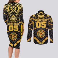 Custom Polynesia Beach Volleyball Couples Matching Long Sleeve Bodycon Dress and Long Sleeve Button Shirt Gold Polynesian Tribal Pattern - Polynesian Pride